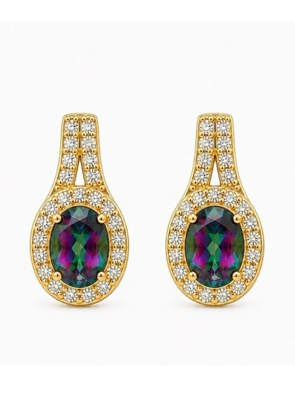 Created Mystic Topaz & W/Sapphire Stud Earrings 14k Yellow Gold Plated(.925)